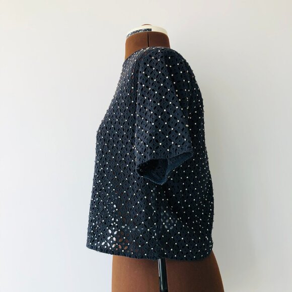 Rhinestone Studded Navy Cotton Eyelet Boxy Crop Top - Picture 2 of 8